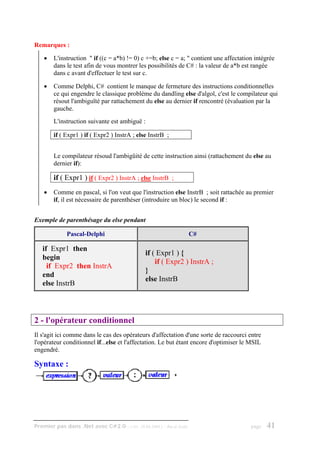 Remarques :

    •   L'instruction " if ((c = a*b) != 0) c +=b; else c = a; " contient une affectation intégrée
        dans le test afin de vous montrer les possibilités de C# : la valeur de a*b est rangée
        dans c avant d'effectuer le test sur c.

    •   Comme Delphi, C# contient le manque de fermeture des instructions conditionnelles
        ce qui engendre le classique problème du dandling else d'algol, c'est le compilateur qui
        résout l'ambiguïté par rattachement du else au dernier if rencontré (évaluation par la
        gauche.
        L'instruction suivante est ambiguë :

        if ( Expr1 ) if ( Expr2 ) InstrA ; else InstrB ;


        Le compilateur résoud l'ambigüité de cette instruction ainsi (rattachement du else au
        dernier if):

        if ( Expr1 ) if ( Expr2 ) InstrA ; else InstrB ;
    •   Comme en pascal, si l'on veut que l'instruction else InstrB ; soit rattachée au premier
        if, il est nécessaire de parenthéser (introduire un bloc) le second if :


Exemple de parenthésage du else pendant

             Pascal-Delphi                                               C#

   if Expr1 then
                                              if ( Expr1 ) {
   begin
                                                  if ( Expr2 ) InstrA ;
     if Expr2 then InstrA
                                              }
   end
                                              else InstrB
   else InstrB



2 - l'opérateur conditionnel
Il s'agit ici comme dans le cas des opérateurs d'affectation d'une sorte de raccourci entre
l'opérateur conditionnel if...else et l'affectation. Le but étant encore d'optimiser le MSIL
engendré.

Syntaxe :




Premier pas dans .Net avec C#2.0 - ( rév. 28.08.2006 )   - Rm di Scala                  page   41
 