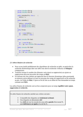 private ArbreBin<T0> fg;
              private ArbreBin<T0> fd;

              public ArbreBin(T0 s) : this ( )   {
                InfoLoc = s;
              }
              public ArbreBin ( )
              {
                InfoLoc = default(T0);
                fg = default(ArbreBin<T0>);
                fd = default(ArbreBin<T0>);
              }
              public T0 Info
              {
                get { return InfoLoc; }
                set { InfoLoc = value; }
              }

              public ArbreBin<T0> filsG
              {
                get { return this.fg; }
                set { fg = new ArbreBin<T0>(value.Info); }
              }
              public ArbreBin<T0> filsD
              {
                get { return this.fd; }
                set { fd = new ArbreBin<T0>(value.Info); }
              }
          }




2.3 Arbres binaires de recherche

    •   Nous avons étudié prédédement des algorithmes de recherche en table, en particulier la
        recherche dichotomique dans une table triée dont la recherche s'effectue en O(log(n))
        comparaisons.
    •   Toutefois lorsque le nombre des éléments varie (ajout ou suppression) ces ajouts ou
        suppressions peuvent nécessiter des temps en O(n).
    •   En utilisant une liste chaînée qui approche bien la structure dynamique (plus gourmande
        en mémoire qu'un tableau) on aura en moyenne des temps de suppression ou de recherche
        au pire de l'ordre de O(n). L'ajout en fin de liste ou en début de liste demandant un temps
        constant noté O(1).

Les arbres binaires de recherche sont un bon compromis pour un temps équilibré entre ajout,
suppression et recherche.


Un arbre binaire de recherche satisfait aux critères suivants :

              •   L'ensemble des étiquettes est totalement ordonné.
              •   Une étiquette est dénommée clef.
              •   Les clefs de tous les noeuds du sous-arbre gauche d'un noeud X,
                  sont inférieures ou égales à la clef de X.


Premier pas dans .Net avec C#2.0 - ( rév. 28.08.2006 )   - Rm di Scala              page   507
 
