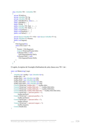 class ArbreBin<T0> : IArbreBin<T0>
  {
     private T0 InfoLoc;
     private ArbreBin<T0> fg;
     private ArbreBin<T0> fd;
     public ArbreBin(T0 s) : this( ) { … }
     public ArbreBin() {… }
     public T0 Info { … }
     public ArbreBin<T0> filsG { … }
     public ArbreBin<T0> filsD { … }
     public void prefixe() { … }
     public void postfixe() { … }
     public void infixe() { … }

       private Queue<ArbreBin<T>> Fifo = new Queue<ArbreBin<T>>();
       private ArbreBin<T> Premier;
       public void largeur()
      {
          Fifo.Enqueue(this);
          while (Fifo.Count != 0)
          {
             Premier = Fifo.Dequeue();
             Console.WriteLine(Premier.Info);
             if (Premier.filsG != null)
                Fifo.Enqueue(Premier.filsG);
             if (Premier.filsD != null)
                Fifo.Enqueue(Premier.filsD);
          }
       }
  }

Ci-après, la reprise de l'exemple d'utilisation de cette classe avec T0 = int :

static void Main(string[ ] args)
{
      ArbreBin<int> treeRac = new ArbreBin<int>();
      treeRac.Info = 10;
      treeRac.filsG = new ArbreBin<int>(20);
      treeRac.filsD = new ArbreBin<int>(30);
      treeRac.filsG.filsG = new ArbreBin<int>(40);
      treeRac.filsG.filsD = new ArbreBin<int>(50);
      Console.WriteLine(" treeRac.info = " + treeRac.Info);
      Console.WriteLine(" treeRac.filsG.info = " + treeRac.filsG.Info);
      Console.WriteLine(" treeRac.filsD.info = " + treeRac.filsD.Info);
      Console.WriteLine(" treeRac.filsG.filsG.info = "+treeRac.filsG.filsG.Info);
      Console.WriteLine("--- parcours prefixe ---");
            treeRac.prefixe();
      Console.WriteLine("--- parcours postfixe ---");
            treeRac.postfixe();
      Console.WriteLine("--- parcours infixe ---");
            treeRac.infixe();
      Console.WriteLine("--- parcours Largeur ---");
            treeRac.largeur();
      Console.ReadLine();
}




Premier pas dans .Net avec C#2.0 - ( rév. 28.08.2006 )       - Rm di Scala          page   528
 