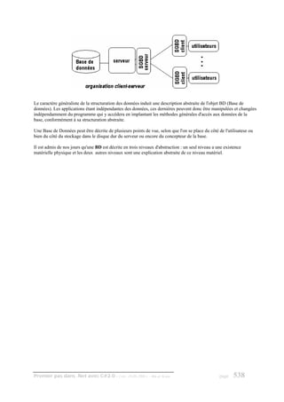 Le caractère généraliste de la structuration des données induit une description abstraite de l'objet BD (Base de
données). Les applications étant indépendantes des données, ces dernières peuvent donc être manipulées et changées
indépendamment du programme qui y accédera en implantant les méthodes générales d'accès aux données de la
base, conformément à sa structuration abstraite.

Une Base de Données peut être décrite de plusieurs points de vue, selon que l'on se place du côté de l'utilisateur ou
bien du côté du stockage dans le disque dur du serveur ou encore du concepteur de la base.

Il est admis de nos jours qu'une BD est décrite en trois niveaux d'abstraction : un seul niveau a une existence
matérielle physique et les deux autres niveaux sont une explication abstraite de ce niveau matériel.




Premier pas dans .Net avec C#2.0 - ( rév. 28.08.2006 )       - Rm di Scala                         page   538
 