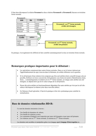 Il faut alors décomposer la relation Personne4 en deux relations Personne41 et Personne42 chacune en troisième
forme normale:

        Personne41 :
            nom               âge         Civilité#

        Einstein         45             marié                             Personne41 en 3ème forme normale,
        Lavoisier        41             marié                                   civilité clef étrangère
        Planck           52             veuf
        Raimbault        25             célibataire
        Poincaré         45             marié

        Personne42 :
           Civilité           salaire

        marié            1000
        veuf             1800                              Personne42 en 3ème forme normale,
        célibataire      1200                                     civilité clef primaire




En pratique, il est également très difficile de faire contrôler automatiquement la mise en troisième forme normale.




Remarques pratiques importantes pour le débutant :
        •    Les spécialistes connaissent deux autres formes normales. Dans ce cas le lecteur intéressé par
             l'approfondissement du sujet, trouvera dans la littérature, de solides références sur la question.

        •    Si la clef primaire d'une relation n'est composée que d'un seul attribut (choix conseillé lorsque cela est
             possible, d'ailleurs on trouve souvent des clefs primaires sous forme de numéro d'identification client,
             Insee,…) automatiquement, la relation est en 2ème forme normale, car chaque autre attribut non clef
             étrangère, ne dépend alors que de la valeur unique de la clef primaire.

        •    Penser dès qu'un attribut est fonctionnellement dépendant d'un autre attribut qui n'est pas la clef elle-
             même à décomposer la relation (créer deux nouvelles tables).

        •    En l'absence d'outil spécialisé, il faut de la pratique et être très systématique pour contrôler la
             normalisation.




Base de données relationnelles BD-R:
        Ce sont des données structurées à travers :

        •    Une famille de domaines de valeurs,
        •    Une famille de relations n-aires,
        •    Les contraintes d'intégrité sont respectées par toute clef étrangère et par toute clef primaire.
        •    Les relations sont en 3ème forme normale. (à minima en 2ème forme normale)

        Les données sont accédées et manipulées grâce à un langage appelé langage d'interrogation ou


Premier pas dans .Net avec C#2.0 - ( rév. 28.08.2006 )         - Rm di Scala                          page   548
 