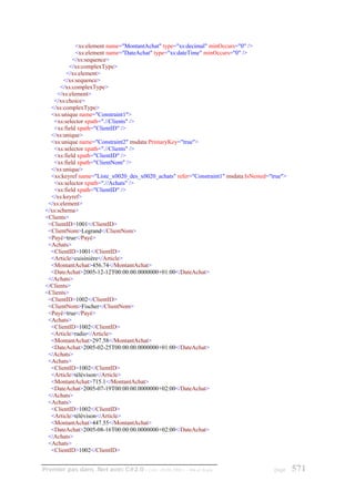 <xs:element name="MontantAchat" type="xs:decimal" minOccurs="0" />
              <xs:element name="DateAchat" type="xs:dateTime" minOccurs="0" />
            </xs:sequence>
           </xs:complexType>
          </xs:element>
        </xs:sequence>
       </xs:complexType>
      </xs:element>
    </xs:choice>
   </xs:complexType>
   <xs:unique name="Constraint1">
    <xs:selector xpath=".//Clients" />
    <xs:field xpath="ClientID" />
   </xs:unique>
   <xs:unique name="Constraint2" msdata:PrimaryKey="true">
    <xs:selector xpath=".//Clients" />
    <xs:field xpath="ClientID" />
    <xs:field xpath="ClientNom" />
   </xs:unique>
   <xs:keyref name="Liste_x0020_des_x0020_achats" refer="Constraint1" msdata:IsNested="true">
    <xs:selector xpath=".//Achats" />
    <xs:field xpath="ClientID" />
   </xs:keyref>
  </xs:element>
 </xs:schema>
 <Clients>
  <ClientID>1001</ClientID>
  <ClientNom>Legrand</ClientNom>
  <Payé>true</Payé>
  <Achats>
   <ClientID>1001</ClientID>
   <Article>cuisinière</Article>
   <MontantAchat>456.74</MontantAchat>
   <DateAchat>2005-12-12T00:00:00.0000000+01:00</DateAchat>
  </Achats>
 </Clients>
 <Clients>
  <ClientID>1002</ClientID>
  <ClientNom>Fischer</ClientNom>
  <Payé>true</Payé>
  <Achats>
   <ClientID>1002</ClientID>
   <Article>radio</Article>
   <MontantAchat>297.58</MontantAchat>
   <DateAchat>2005-02-25T00:00:00.0000000+01:00</DateAchat>
  </Achats>
  <Achats>
   <ClientID>1002</ClientID>
   <Article>télévison</Article>
   <MontantAchat>715.1</MontantAchat>
   <DateAchat>2005-07-19T00:00:00.0000000+02:00</DateAchat>
  </Achats>
  <Achats>
   <ClientID>1002</ClientID>
   <Article>télévison</Article>
   <MontantAchat>447.55</MontantAchat>
   <DateAchat>2005-08-16T00:00:00.0000000+02:00</DateAchat>
  </Achats>
  <Achats>
   <ClientID>1002</ClientID>


Premier pas dans .Net avec C#2.0 - ( rév. 28.08.2006 )   - Rm di Scala                  page    571
 