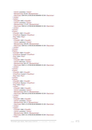 <Article>cuisinière</Article>
   <MontantAchat>92.64</MontantAchat>
   <DateAchat>2005-09-23T00:00:00.0000000+02:00</DateAchat>
  </Achats>
  <Achats>
   <ClientID>1002</ClientID>
   <Article>cuisinière</Article>
   <MontantAchat>171.07</MontantAchat>
   <DateAchat>2005-01-23T00:00:00.0000000+01:00</DateAchat>
  </Achats>
 </Clients>
 <Clients>
  <ClientID>1003</ClientID>
  <ClientNom>Dupont</ClientNom>
  <Payé>false</Payé>
  <Achats>
   <ClientID>1003</ClientID>
   <Article>aspirateur</Article>
   <MontantAchat>445.89</MontantAchat>
   <DateAchat>2005-02-11T00:00:00.0000000+01:00</DateAchat>
  </Achats>
 </Clients>
 <Clients>
  <ClientID>1004</ClientID>
  <ClientNom>Durand</ClientNom>
  <Payé>false</Payé>
  <Achats>
   <ClientID>1004</ClientID>
   <Article>télévison</Article>
   <MontantAchat>661.47</MontantAchat>
   <DateAchat>2005-11-15T00:00:00.0000000+01:00</DateAchat>
  </Achats>
 </Clients>
 <Clients>
  <ClientID>1005</ClientID>
  <ClientNom>Lamiel</ClientNom>
  <Payé>true</Payé>
 </Clients>
 <Clients>
  <ClientID>1006</ClientID>
  <ClientNom>Renoux</ClientNom>
  <Payé>false</Payé>
  <Achats>
   <ClientID>1006</ClientID>
   <Article>cuisinière</Article>
   <MontantAchat>435.17</MontantAchat>
   <DateAchat>2005-06-22T00:00:00.0000000+02:00</DateAchat>
  </Achats>
  <Achats>
   <ClientID>1006</ClientID>
   <Article>cuisinière</Article>
   <MontantAchat>491.3</MontantAchat>
   <DateAchat>2005-12-25T00:00:00.0000000+01:00</DateAchat>
  </Achats>
  <Achats>
   <ClientID>1006</ClientID>
   <Article>cuisinière</Article>
   <MontantAchat>388.81</MontantAchat>
   <DateAchat>2005-10-13T00:00:00.0000000+02:00</DateAchat>
  </Achats>


Premier pas dans .Net avec C#2.0 - ( rév. 28.08.2006 )   - Rm di Scala   page   572
 