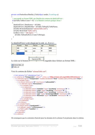 private void buttonSaveDataSet_Click(object sender, EventArgs e)
{
  // sauvegarde au format XML par DataSet du contenu du dataGridView :
  if (dsTable.Tables.Count != 0)// si le DataSet contient quelque chose !
  {
     dataGridView1.DataSource = dsTable;
     dataGridView1.DataMember = dsTable.Tables[0].TableName;
     dsTable.WriteXmlSchema("schemaTable.xml");
     dsTable.WriteXml("Table.xml");
     textBox1.Text = "nbr lignes = " +
       dsTable.Tables[0].Rows.Count.ToString();
    }
}

Le dataGridView1 a été chargé par le code a) , b) et c) :




Le click sur le bouton                         engendre deux fichiers au format XML :




Voici le contenu du fichier "schemaTable.xml":




On remarquera que la contrainte d'unicité pour les données de la colonne 0 est présente dans le schéma.



Premier pas dans .Net avec C#2.0 - ( rév. 28.08.2006 )   - Rm di Scala                  page   588
 