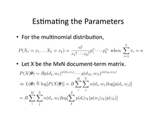 Es)ma)ng the Parameters 
•  For the mul)nomial distribu)on, 



•  Let X be the MxN document‐term matrix.  
 