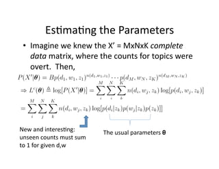 Es)ma)ng the Parameters 
 •  Imagine we knew the X’ = MxNxK complete 
    data matrix, where the counts for topics were 
    overt.  Then, 




New and interes)ng:       The usual parameters θ 
unseen counts must sum 
to 1 for given d,w 
 