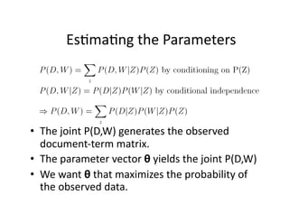  Es)ma)ng the Parameters 




•  The joint P(D,W) generates the observed 
   document‐term matrix. 
•  The parameter vecto...