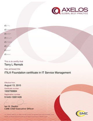 Terry L Remsik
ITIL® Foundation certificate in IT Service Management
August 13, 2015
1002769884
51445-15001426
 