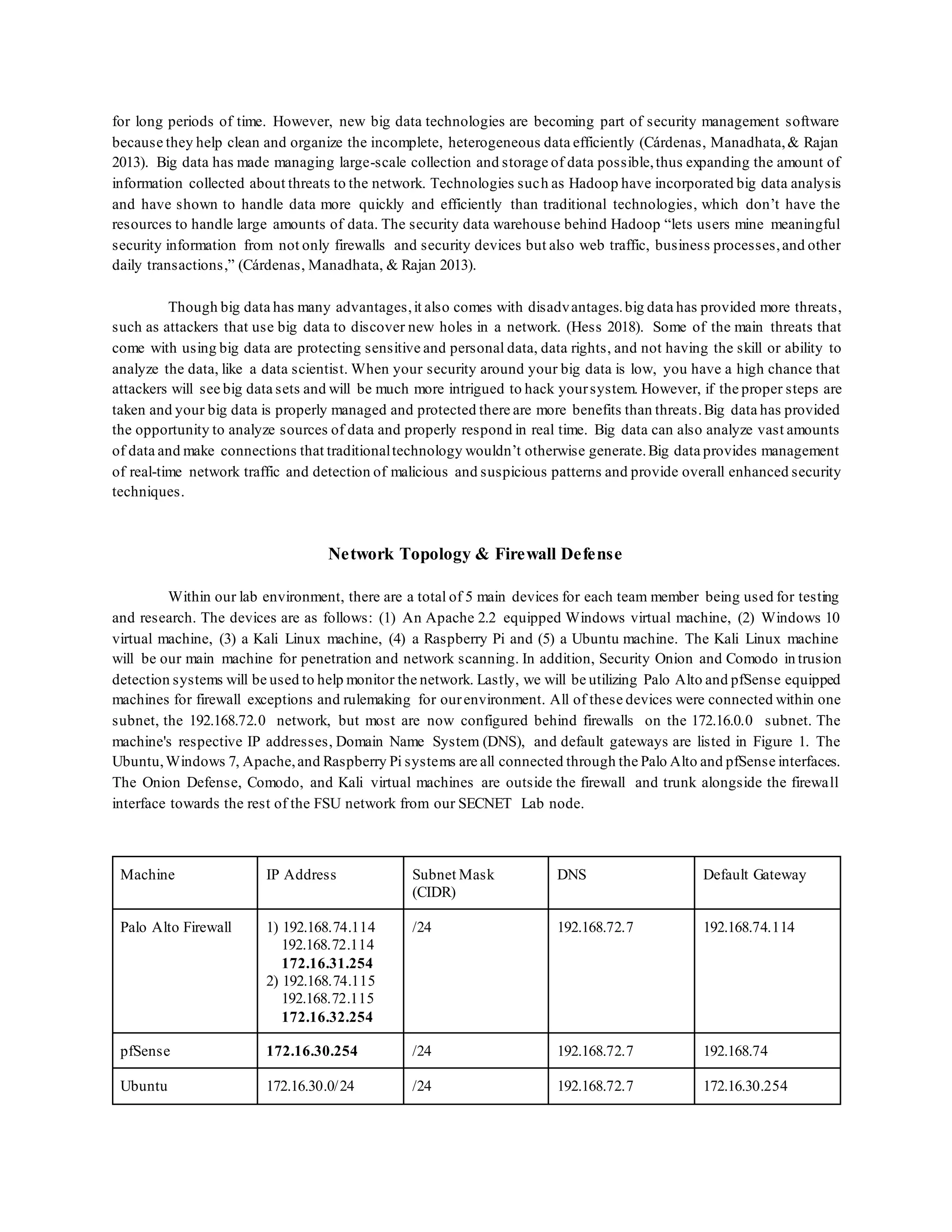 for long periods of time. However, new big data technologies are becoming part of security management software
because they help clean and organize the incomplete, heterogeneous data efficiently (Cárdenas, Manadhata,& Rajan
2013). Big data has made managing large-scale collection and storage of data possible,thus expanding the amount of
information collected about threats to the network. Technologies such as Hadoop have incorporated big data analysis
and have shown to handle data more quickly and efficiently than traditional technologies, which don’t have the
resources to handle large amounts of data. The security data warehouse behind Hadoop “lets users mine meaningful
security information from not only firewalls and security devices but also web traffic, business processes,and other
daily transactions,” (Cárdenas, Manadhata, & Rajan 2013).
Though big data has many advantages,it also comes with disadvantages.big data has provided more threats,
such as attackers that use big data to discover new holes in a network. (Hess 2018). Some of the main threats that
come with using big data are protecting sensitive and personal data, data rights, and not having the skill or ability to
analyze the data, like a data scientist. When your security around your big data is low, you have a high chance that
attackers will see big data sets and will be much more intrigued to hack yoursystem. However, if the proper steps are
taken and your big data is properly managed and protected there are more benefits than threats.Big data has provided
the opportunity to analyze sources of data and properly respond in real time. Big data can also analyze vast amounts
of data and make connections that traditionaltechnology wouldn’t otherwise generate.Big data provides management
of real-time network traffic and detection of malicious and suspicious patterns and provide overall enhanced security
techniques.
Network Topology & Firewall Defense
Within our lab environment, there are a total of 5 main devices for each team member being used for testing
and research. The devices are as follows: (1) An Apache 2.2 equipped Windows virtual machine, (2) Windows 10
virtual machine, (3) a Kali Linux machine, (4) a Raspberry Pi and (5) a Ubuntu machine. The Kali Linux machine
will be our main machine for penetration and network scanning. In addition, Security Onion and Comodo in trusion
detection systems will be used to help monitor the network. Lastly, we will be utilizing Palo Alto and pfSense equipped
machines for firewall exceptions and rulemaking for ourenvironment. All of these devices were connected within one
subnet, the 192.168.72.0 network, but most are now configured behind firewalls on the 172.16.0.0 subnet. The
machine's respective IP addresses, Domain Name System (DNS), and default gateways are listed in Figure 1. The
Ubuntu,Windows 7, Apache,and Raspberry Pi systems are all connected through the Palo Alto and pfSense interfaces.
The Onion Defense, Comodo, and Kali virtual machines are outside the firewall and trunk alongside the firewall
interface towards the rest of the FSU network from our SECNET Lab node.
Machine IP Address Subnet Mask
(CIDR)
DNS Default Gateway
Palo Alto Firewall 1) 192.168.74.114
192.168.72.114
172.16.31.254
2) 192.168.74.115
192.168.72.115
172.16.32.254
/24 192.168.72.7 192.168.74.114
pfSense 172.16.30.254 /24 192.168.72.7 192.168.74
Ubuntu 172.16.30.0/24 /24 192.168.72.7 172.16.30.254
 