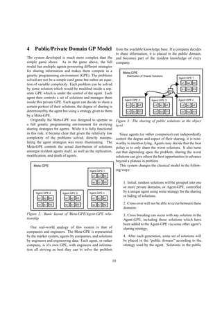 4 Public/Private Domain GP Model
The system developed is much more complex than the
simple game above. As in the game above, the full
model has multiple agents possessing different strategies
for sharing information and makes them compete in a
genetic programming environment (GPE). The problems
solved are not be a simple card game but rather an equa-
tion of variable complexity. Each problem can be solved
by some solution which would be modiﬁed inside a sep-
arate GPE which is under the control of the agent. Each
agent then controls a set of solutions and manages them
inside this private GPE. Each agent can decide to share a
certain portion of their solutions, the degree of sharing is
determined by the agent but using a strategy given to them
by a Meta-GPE.
Originally the Meta-GPE was designed to operate as
a full genetic programming environment for evolving
sharing strategies for agents. While it is fully functional
in this role, it became clear that given the relatively low
complexity of the problems solved, directly manipu-
lating the agent strategies was more illuminating. The
Meta-GPE controls the actual distribution of solutions
amongst resident agents itself, as well as the replication,
modiﬁcation, and death of agents.
sn S1 S2
Agent-GPE n
Meta-GPE
s1 s2 s3
sn S1 S2
Agent-GPE 3
s1 s2 s3
sn S1 S2
Agent-GPE 2
s1 s2 s3
sn S1 S2
Agent-GPE 1
s1 s2 s3
Figure 2: Basic layout of Meta-GPE/Agent-GPE rela-
tionship
One real-world analogy of this system is that of
companies and engineers. The Meta-GPE is represented
by the market system, agents by companies, and solutions
by engineers and engineering data. Each agent, or rather
company, is it’s own GPE, with engineers and informa-
tion all striving as best they can to solve the problem
from the available knowledge base. If a company decides
to share information, it is placed in the public domain,
and becomes part of the resident knowledge of every
company.
S1 S2 S3
Agent-GPE n
Meta-GPE
s1 s2 s3
S1 S2 S3
Agent-GPE 3
s1 s2 s3
S1 S2 S3
Agent-GPE 2
s1 s2 s3
S1 S2 S3
Agent-GPE 1
s1 s2 s3
S3
Distribution of Shared Solutions
Figure 3: The sharing of public solutions at the object
level
Since agents (or rather companies) can independently
control the degree and aspect of their sharing, it is note-
worthy to mention lying. Agents may decide that the best
policy is to only share the worst solutions. It also turns
out that depending upon the problem, sharing the worst
solutions can give others the best opportunities to advance
beyond a plateau in problem.
This system changes the classical model in the follow-
ing ways:
1. Initial, random solutions will be grouped into one
or more private domains, or Agent-GPE, controlled
by a unique agent using some strategy for the sharing
or hiding of solutions.
2. Cross-over will not be able to occur between these
domains.
3. Cross breeding can occur with any solution in the
Agent-GPE, including those solutions which have
been added to the Agent-GPE via some other agent’s
sharing strategy.
4. After each generation, some set of solutions will
be placed in the “public domain” according to the
strategy used by the agent. Solutions in the public
10
 