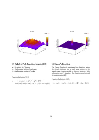 [5] Ackely’s Path Function, inverted.[12]
a = 10 adjusts the "ﬂatness"
b = .2 adjusts the height of each peak
c = pi adjusts the number of peaks
Function Deﬁnition[-5:5]:
z = − (−a ∗ exp(−b ∗ 2
(x2 + y2) ∗ 1/2)−
exp((cos(c ∗ x) + cos(c ∗ y)) ∗ 1/2) + a + exp(1))
[6] Easom’s Function
The Easom function is a unimodal test function, where
the global minimum has a small area relative to the
search space. Agents outside of this area have very little
information on it’s location. The function was inverted
for maximization.[12]
Function Deﬁnition[-9:15]:
z = cos(x) ∗ cos(y) ∗ exp(−((x − Π)2
+ (y − Π)2
))
20
 