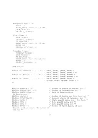 Homogenous Population
TYPES 1.0
AGENT_ORDER {Sharer,Half,Hider}
GRIM_TRIGGER 0
FRIENDLY_TRIGGER 0
Grim Trigger -
GRIM_TRIGGER 1
FRIENDLY_TRIGGER 0
FT_DURATION 0
AGENT_ORDER {Sharer,Half,Hider}
TYPES 1.0
INITIAL_DEFECTORS int
Friendly Trigger -
FRIENDLY_TRIGGER 1
GRIM_TRIGGER 0
FT_DURATION int
AGENT_ORDER {Sharer,Half,Hider}
TYPES 1.0
INITIAL_DEFECTORS int
Card Tables:
static int samecard[2][2][2] = { { {BETA, BETA}, {BETA, BETA} },
{ {BETA, BETA}, {BETA, BETA} } };
static int greater[2][2][2] = { { {BETA, BETA}, {ZETA, ALPHA} },
{ {BETA, BETA}, {ZETA, ALPHA} } };
static int lessor[2][2][2] = { { {BETA, BETA}, {BETA, BETA} },
{ {ALPHA, ZETA}, {ALPHA, ZETA} } };
*/
#define NUMAGENTS 100 /* Number of Agents in System, int */
#define GENERATIONS 15000 /* Number of Generations, int */
#define SEXINTERVAL 100 /* Rate of Reproduction,
In Generations */
#define DEATHS 5 /* Number of Deaths per Rep. Interval */
#define MUTANTCHANCE 1 /* Percent chance of Mutation, int */
#define ALPHA 2 /* Alpha payoff rate, int - See Table*/
#define BETA 1 /* Beta payoff rate, int */
#define ZETA 0 /* Zeta payoff rate, int */
#define TYPES 1.0 /* Number of Agent Types, of type
double, used to control the nature of
the run */
43
 