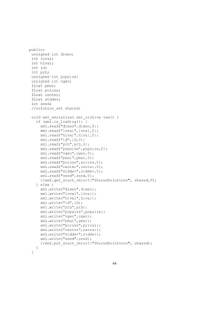 public:
unsigned int dimen;
int loval;
int hival;
int id;
int prb;
unsigned int popsize;
unsigned int ngen;
float pmut;
float pcross;
float center;
float stddev;
int seed;
//solution_set shared;
void xml_serialize( xml_archive &xml) {
if (xml.is_loading()) {
xml.read("dimen",dimen,0);
xml.read("loval",loval,0);
xml.read("hival",hival,0);
xml.read("id",id,0);
xml.read("prb",prb,0);
xml.read("popsize",popsize,0);
xml.read("ngen",ngen,0);
xml.read("pmut",pmut,0);
xml.read("pcross",pcross,0);
xml.read("center",center,0);
xml.read("stddev",stddev,0);
xml.read("seed",seed,0);
//xml.get_stack_object("SharedSolutions", shared,0);
} else {
xml.write("dimen",dimen);
xml.write("loval",loval);
xml.write("hival",hival);
xml.write("id",id);
xml.write("prb",prb);
xml.write("popsize",popsize);
xml.write("ngen",ngen);
xml.write("pmut",pmut);
xml.write("pcross",pcross);
xml.write("center",center);
xml.write("stddev",stddev);
xml.write("seed",seed);
//xml.put_stack_object("SharedSolutions", shared);
}
}
64
 