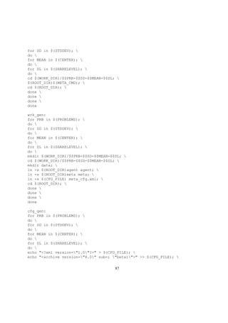 for SD in $(STDDEV); 
do 
for MEAN in $(CENTER); 
do 
for SL in $(SHARELEVEL); 
do 
cd $(WORK_DIR)/$$PRB-$$SD-$$MEAN-$$SL; 
$(ROOT_DIR)$(META_CMD); 
cd $(ROOT_DIR); 
done 
done 
done 
done
wrk_gen:
for PRB in $(PROBLEMS); 
do 
for SD in $(STDDEV); 
do 
for MEAN in $(CENTER); 
do 
for SL in $(SHARELEVEL); 
do 
mkdir $(WORK_DIR)/$$PRB-$$SD-$$MEAN-$$SL; 
cd $(WORK_DIR)/$$PRB-$$SD-$$MEAN-$$SL; 
mkdir data; 
ln -s $(ROOT_DIR)agent agent; 
ln -s $(ROOT_DIR)meta meta; 
ln -s $(CFG_FILE) meta_cfg.xml; 
cd $(ROOT_DIR); 
done 
done 
done 
done
cfg_gen:
for PRB in $(PROBLEMS); 
do 
for SD in $(STDDEV); 
do 
for MEAN in $(CENTER); 
do 
for SL in $(SHARELEVEL); 
do 
echo "<?xml version="1.0"?>" > $(CFG_FILE); 
echo "<archive version="4.0" sub=; "beta1">" >> $(CFG_FILE); 
87
 