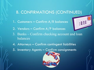 B. CONFIRMATIONS (CONTINUED)
1. Customers – Confirm A/R balances
2. Vendors – Confirm A/P balances
3. Banks – Confirm checking account and loan
balances
4. Attorneys – Confirm contingent liabilities
5. Inventory Agents – Confirm consignments
 