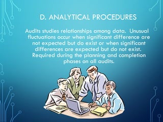D. ANALYTICAL PROCEDURES
Audits studies relationships among data. Unusual
fluctuations occur when significant difference are
not expected but do exist or when significant
differences are expected but do not exist.
Required during the planning and completion
phases on all audits.
 