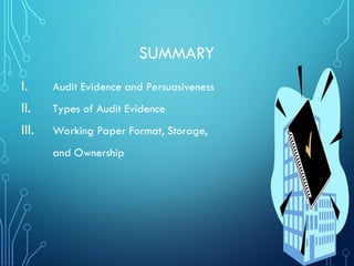 SUMMARY
I. Audit Evidence and Persuasiveness
II. Types of Audit Evidence
III. Working Paper Format, Storage,
and Ownership
 