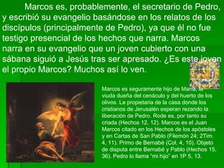 Marcos es, probablemente, el secretario de Pedro, y escribió su evangelio basándose en los relatos de los discípulos (principalmente de Pedro), ya que él no fue testigo presencial de los hechos que narra. Marcos narra en su evangelio que un joven cubierto con una sábana siguió a Jesús tras ser apresado. ¿Es este joven el propio Marcos? Muchos así lo ven. Marcos es seguramente hijo de María, la viuda dueña del cenáculo y del huerto de los olivos. La propietaria de la casa donde los cristianos de Jerusalén esperan rezando la liberación de Pedro. Rode es, por tanto su criada (Hechos 12, 12). Marcos es el Juan Marcos citado en los Hechos de los apóstoles y en Cartas de San Pablo (Filemón 24; 2Tim. 4, 11). Primo de Bernabé (Col. 4, 10). Objeto de disputa entre Bernabé y Pablo (Hechos 15, 36). Pedro lo llama “mi hijo” en 1P 5, 13. 