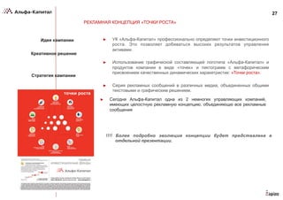 27
►  УК «Альфа-Капитал» профессионально определяют точки инвестиционного
роста. Это позволяет добиваться высоких результатов управления
активами.
►  Использование графической составляющей логотипа «Альфа-Капитал» и
продуктов компании в виде «точек» и пиктограмм с метафорическим
присвоением качественных динамических харакетристик: «Точки роста».
►  Серия рекламных сообщений в различных медиа, объединенных общими
текстовыми и графическим решением.
РЕКЛАМНАЯ КОНЦЕПЦИЯ «ТОЧКИ РОСТА»
Идея кампании
Креативное решение
Стратегия кампании
►  Сегодня Альфа-Капитал одна из 2 немногих управляющих компаний,
имеющих целостную рекламную концепцию, объединяющю все рекламные
сообщения
!!!! Более подробно эволюция концепции будет предствалена в
отдельной презентации.
 