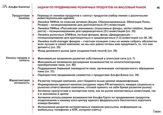 46ЗАДАЧИ ПО ПРОДВИЖЕНИЮ РОЗНИЧНЫХ ПРОДУКТОВ НА МАССОВЫЙ РЫНОК
Продуктовая
линейка
►  Переход от линейки продуктов к «зонту» продуктов (набор линеек с различными
инвестиционными идеями)
►  Линейка ПИФов по классам активов (Акции, Сбалансированный, Облигации Плюс,
Резерв) – позиционирование для долгосрочных (5+) инвестиций
►  Линейка ПИФов «Российская экономика» (отраслевые фонды, sector rotation, Акции
роста) – позиционирование для среднесрочных (2+) инвестиций (сл. 35)
►  Линейка рыночных ЗПИФов, no-load фондов, фонд «Дивидендный» –
позиционирование для краткосрочных и среднесрочных (1-3) инвестиций (сл 36, 38)
►  Линейка multi-manager фондов – «честная позиция» («мы не можем собрать абсолютно
всех лучших в своей компании, но мы все равно готовы вам предложить то, что они
делают») (сл. 35)
►  Фонд денежного рынка (для создания track record) (сл. 39)
Каналы продаж и
оплаты
►  Максимально возможное развитие собственной и агентской сети (сл. 7)
►  Максимально возможное расширение возможностей по оплате/повторному
приобретению паев. (сл. 40)
►  Поддержание биржевой ликвидности паев, организация «котировочного» обращения
паев (сл. 37)
►  Перекрестное продвижение совместно с продуктами Альфа-Банка (сл. 39)
Маркетинговая
активность
►  Развитие текущей кампании, рост бюджета выше уровня медиаинфляции.
►  Формирование адвокат-каналов (создание через PR-активность имиджа социально и
рыночно ответственной компании, готовой принять на себя бремя развития рынка)
►  Активное присутствие в экспертном поле, как на рынке коллективных инвестиций, так
и в экономике в целом
►  Активное использование возможностей Альфа-Групп по продвижению продуктов
(подключение к нашему колл-центру единого федерального бесплатного короткого
номера Билайн)
►  Интенсивное развитие интерактивных сервисов (рассылки, информация на
мобильных телефонах и КПК, интернет-сайты)
 