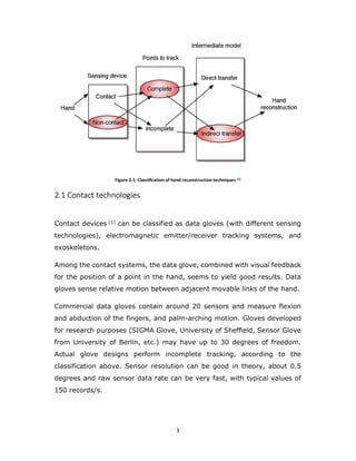 3
Figure 2.1: Classiﬁcation of hand reconstruction techniques [1]
2.1 Contact technologies
Contact devices [1] can be classified as data gloves (with diﬀerent sensing
technologies), electromagnetic emitter/receiver tracking systems, and
exoskeletons.
Among the contact systems, the data glove, combined with visual feedback
for the position of a point in the hand, seems to yield good results. Data
gloves sense relative motion between adjacent movable links of the hand.
Commercial data gloves contain around 20 sensors and measure flexion
and abduction of the fingers, and palm-arching motion. Gloves developed
for research purposes (SIGMA Glove, University of Sheﬃeld, Sensor Glove
from University of Berlin, etc.) may have up to 30 degrees of freedom.
Actual glove designs perform incomplete tracking, according to the
classification above. Sensor resolution can be good in theory, about 0.5
degrees and raw sensor data rate can be very fast, with typical values of
150 records/s.
 
