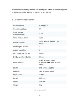 12
microcontroller; simply connect it to a computer with a USB cable or power
it with an AC-to-DC adapter or battery to get started.
3.1.2 Technical Specifications
Microcontroller ATmega328P
Operating Voltage 5V
Input Voltage
(recommended)
7-12V
Input Voltage (limit) 6-20V
Digital I/O Pins
14 (of which 6 provide PWM
output)
PWM Digital I/O Pins 6
Analog Input Pins 6
DC Current per I/O Pin 20 mA
DC Current for 3.3V Pin 50 mA
Flash Memory
32 KB (ATmega328P)
of which 0.5 KB used by boot
loader
SRAM 2 KB (ATmega328P)
EEPROM 1 KB (ATmega328P)
Clock Speed 16 MHz
Length 68.6 mm
Width 53.4 mm
Weight 25 g
Table 3.1: Specifications [2]
 