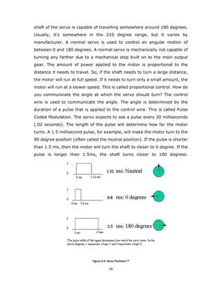 16
shaft of the servo is capable of travelling somewhere around 180 degrees.
Usually, it’s somewhere in the 210 degree range, but it varies by
manufacturer. A normal servo is used to control an angular motion of
between 0 and 180 degrees. A normal servo is mechanically not capable of
turning any farther due to a mechanical stop built on to the main output
gear. The amount of power applied to the motor is proportional to the
distance it needs to travel. So, if the shaft needs to turn a large distance,
the motor will run at full speed. If it needs to turn only a small amount, the
motor will run at a slower speed. This is called proportional control. How do
you communicate the angle at which the servo should turn? The control
wire is used to communicate the angle. The angle is determined by the
duration of a pulse that is applied to the control wire. This is called Pulse
Coded Modulation. The servo expects to see a pulse every 20 milliseconds
(.02 seconds). The length of the pulse will determine how far the motor
turns. A 1.5 millisecond pulse, for example, will make the motor turn to the
90 degree position (often called the neutral position). If the pulse is shorter
than 1.5 ms, then the motor will turn the shaft to closer to 0 degree. If the
pulse is longer than 1.5ms, the shaft turns closer to 180 degrees.
Figure 3.5: Servo Positions [4]
 