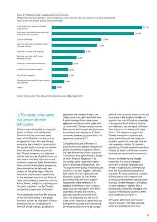 57
1. The multi-polar world
has presented new
difficulties
China is now indisputably an important
player in today’s multi-polar world.
Globalization has penetrated every
facet of the Chinese economy. It is no
exaggeration to say that any Chinese
enterprise, big or small, is connected to
the outside world in one way or another.
From this point of view, we can say
that Chinese companies not only have
started their journey of globalization but
also have established a foundation and
achieved a degree of scale. Nevertheless,
from a historical and global perspective,
these enterprises are relatively new
players on the global stage. They lag
behind the multinational corporations
of the developed countries and those of
other newly emerging economics such as
Korea, Taiwan, Hong Kong and Singapore.
The path to globalization for Chinese
enterprises is paved with difficulties.
These challenges stem from the standing
of the Chinese economy in the global
economic system. As latecomers, Chinese
enterprises are at a disadvantage in
terms of overall strength, globalization
experience and managerial expertise.
Globalization is an uphill battle for them.
A senior manager from a large home
appliance manufacturer who spoke with
us commented, “Foreign companies enter
China armed with strength and experience
accumulated over many years. Chinese
companies, however, go global with little
experience to speak of.”115
Cultural barriers and differences in
social systems also present obstacles for
globalizing Chinese companies. This is
the case whether they have a presence
in Southeast Asia, Latin America, Europe
or North America. Respondents to
our surveys listed “local market entry
barriers and trade protectionism” and
“local government policy restrictions and
social risks” as their biggest challenges
(See Figure 27). This is precisely why
diplomatic support by the Chinese
government tops the list of support
requested by these enterprises. In
practice, differences in such issues as
labor laws and regulations, work ethic,
awareness of rights and interests,
attitudes regarding overtime work,
collective bargaining and the role of
trade unions make local operational and
management routines more demanding.
Chinese executives striving to manage
global businesses using practices that are
customary in the domestic market are
bound to run into difficulties—especially
in Europe and North America. During
our interviews, top managers confessed
their frustration in dealing with these
issues. Their responses suggest that
Chinese management systems and
social conventions are not conducive
to global operations, although they are
not necessarily inferior. To continue
globalizing, Chinese companies may have
to learn to adapt to different economic,
business and operational environments.
Another challenge facing Chinese
enterprises is a lack of managers
proficient in foreign languages and
versed in local cultures, international
laws and international management
practices. As China’s domestic standard
of living continues to improve and
professional development opportunities
multiply, Chinese managers’ willingness
to work overseas is waning. This is
particularly the case for managers sent
to areas in developing countries where
local conditions are harsh.116
Difficulties stem from external and
internal sources. Externally, cultural,
social and political barriers make
Figure 27 Challenges faced by globalizing Chinese enterprises
(Weight the three items selected in order of importance: most important =0.5, less important=0.3, least important=0.2
Score of each item divided by total scores=percentage)
Others
Complicated procedures for roject reviews
and approvals
Post-M & A integration
Insufficient government support
Difficulty in transnational financing
Exchange rate risks, strict foreign
exchange controls
Difficulty in finding M & A targets
Low-cost disorderly competition within
the same industry
Cultural differences
Local government policy restrictions and
social risks and social risks
Local market entry barriers and trade
protectionism
22.1%
20.0%
11.6%
11.0%
8.3%
6.2%
5.0%
4.3%
4.2%
3.4%
0.8%
Source: Accenture and China Enterprise Confederation surveys, May-August 2010
 