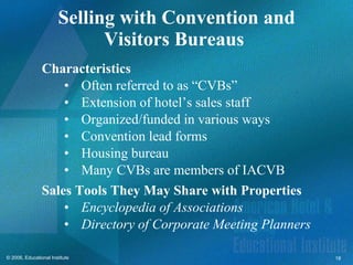 Selling with Convention and Visitors Bureaus  Characteristics Often referred to as “CVBs” Extension of hotel’s sales staff Organized/funded in various ways Convention lead forms Housing bureau Many CVBs are members of IACVB Sales Tools They May Share with Properties Encyclopedia of Associations Directory of Corporate Meeting Planners   