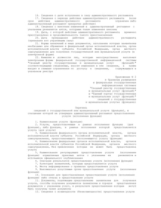 16. Сведения о дате вступления в силу административного регламента
     17. Сведения о периоде действия административного регламента    (если
срок   действия    административного    регламента          ограничен либо
административный регламент прекратил действие)
     18. Сведения о внесении изменений в административный регламент с
указанием реквизитов актов, которыми такие изменения внесены
     19. Дата, с которой действие административного регламента    временно
приостановлено и продолжительность такого приостановления
     20. Дата   прекращения    действия   административного     регламента
(признания его утратившим силу)
     21. Формы заявлений и иных документов, заполнение которых заявителем
необходимо для обращения в федеральный орган исполнительной власти, орган
исполнительной власти субъекта Российской Федерации, орган        местного
самоуправления для получения государственной или муниципальной услуги (в
электронной форме)
     22. Фамилии и должности лиц, которые непосредственно        заполняют
электронные формы федеральной государственной информационной       системы
"Сводный реестр государственных и муниципальных услуг           (функций)"
соответствующими сведениями, вносят изменения в эти сведения, а      также
вводят и снимают ограничения по доступу к сведениям,        содержащимся в
указанном реестре

                                                           Приложение N 2
                                                    к Правилам размещения
                                            в федеральных государственных
                                                  информационных системах
                                          "Сводный реестр государственных
                                         и муниципальных услуг (функций)"
                                         и "Единый портал государственных
                                         и муниципальных услуг (функций)"
                                               сведений о государственных
                                       и муниципальных услугах (функциях)

                                Перечень
    сведений о государственной или муниципальной услуге (функции), в
отношении которой не утвержден административный регламент предоставления
                       услуги (исполнения функции)

     1. Наименование услуги (функции)
     2. Услуги, предоставляемые в рамках исполнения функции         (для
функции), либо функция, в рамках исполнения которой       предоставляется
услуга (для услуги)
     3. Наименование федерального органа исполнительной власти,     органа
исполнительной власти субъекта Российской Федерации, органа       местного
самоуправления, предоставляющего (исполняющего) услугу (функцию)
     4. Наименование федеральных органов исполнительной власти,    органов
исполнительной власти субъектов Российской Федерации, органов     местного
самоуправления, без привлечения которых не может быть        предоставлена
услуга
     5. Наименования регулирующих предоставление услуги        (исполнение
функции) нормативных правовых актов с указанием их            реквизитов и
источников официального опубликования
     6. Описание результатов предоставления услуги (исполнения функции)
     7. Категория заявителей, которым предоставляется услуга
     8. Места информирования о правилах предоставления услуги
     9. Максимально допустимые сроки предоставления услуги     (исполнения
функции)
     10. Основания для приостановления предоставления услуги (исполнения
функции) либо отказа в предоставлении услуги
     11. Документы, подлежащие представлению заявителем для      получения
услуги, способы получения документов заявителем и порядок    представления
документов с указанием услуг, в результате предоставления которых    могут
быть получены такие документы
     12. Сведения о возмездности (безвозмездности) предоставления услуги
 