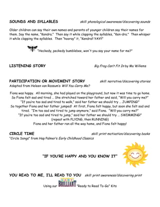 SOUNDS AND SYLLABLES                            skill: phonological awareness/discovering sounds

Older children can say their own names and parents of younger children say their names for
them. Say the name, "Kendra.” Then say it while clapping the syllables, "Ken-dra." Then whisper
it while clapping the syllables. Then “hooray” it, “Kendra!! YAY!!”


                   “Heckedy, peckedy bumblebee, won't you say your name for me?"



LISTENING STORY                                           Big Frog Can’t Fit In by Mo Willems



PARTICIPATION OR MOVEMENT STORY                               skill: narrative/discovering stories
Adapted from Heleen van Rossum’s Will You Carry Me?

Fiona was happy. All morning, she had played on the playground, but now it was time to go home.
 So Fiona felt sad and tired … She stretched toward her father and said, “Will you carry me?”
        “If you’re too sad and tired to walk,” said her father we should try … JUMPING!”
So together Fiona and her father jumped! At first, Fiona felt happy, but soon she felt sad and
         tired. “I’m too sad and tired to jump anymore,” said Fiona. “Will you carry me?”
      “If you’re too sad and tired to jump,” said her father we should try … SWIMMING!”
                              (repeat with FLYING, then RUNNING)
                 Fiona and her father ran all the way home, and Fiona felt happy!


CIRCLE TIME                                             skill: print motivation/discovering books
“Circle Songs” from Hap Palmer’s Early Childhood Classics




                      “IF YOU’RE HAPPY AND YOU KNOW IT”




YOU READ TO ME, I’LL READ TO YOU skill: print awareness/discovering print

                       Using our              ”Ready to Read To-Go” Kits
 