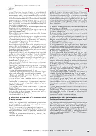 STP PHARMA PRATIQUES - volume 22 - N° 6 - novembre-décembre 2012 383
Rouging management strategy according to LD20-GMP (ICH Q9)Stratégie de gestion du rouging selon la LD20-BPF (ICH Q9)
rinçage (flushing) à l’eau avec filtration est conseillée avant
les phases de traitement chimique (dégraissage, décapage,
passivation,etc.).Celle-ci est réalisée selon un plan de mise en
œuvre,par tronçons élémentaires,permettant de traiter des
sous-systèmes homogènes,en vue de l’élimination de tous les
dépôts solides (débit et vitesse suffisante pour être en régime
turbulent).Positionnement de vidanges artificielles à chaque
point bas, contrôle systématique à chaque rupture de pente
ou changement de diamètre.
4) Proposition de procédure de mise en propreté pour une
boucle EPUv/EPPIv et d’un réseau VP :
a. Chasse à l’air comprimé process (ACP) :définir un temps et
un nombre de répétitions.
b. Retrait des instruments ou composants sensibles (sondes,
conductimètres, etc.).
c. Mise en place de filtres temporaires en ligne (à retirer après
lapremièrephasepréliminairedeflushingàl’eau,pouréviter
de disséminer les particules exogènes dans tout le réseau)
aux points définis : par exemple un retour boucle.
d. Test pression à l’eau d’usage.
e. Flushing préliminaire à l’eau à grand débit avec filtration
grossière à 25 µm (liquide propre en rapport avec la nature
de l’installation finale) :éliminer les particules,résidus métal-
liques,dépôtsprésentsdanslecircuit lorsdelamiseenœuvre.
f. Retrait des filtres temporaires.
g. Vérification visuelle du fond de cuve EPPIV.Si des particules
visibles sont observées,on procède à une phase de nettoyage
haute pression (surtout pas d’essuyage manuel local !).
h. Vérification des endroits accidentés si inspectables (acci-
dents hydrauliques tels que clarinettes,zone d’accumulation
potentielle, bas d’épingle, etc.).
i. Lancement de la procédure de dégraissage et/ou décapage
et/ou passivation :
- dégraissage à la soude de préférence à chaud, en limitant
si possible l’utilisation de tensio-actifs. Exemple :soude (3 %)
à 60 °C pendant 1 h,
- rinçage à l’eau d’usage avec contrôle du pH,
-contrôledudégraissagesuivant le« waterbreak test »(défini
entre autres dans l’ASME BPE 2009) pour le stockage,
- décapage si applicable selon niveau de finition (rugosité)
des éléments mis en œuvre,
- rinçage à l’eau d’usage (type d’eau + suivi documentaire)
avec suivi pH,
- passivation à l’acide nitrique (voir procédure correspon-
dante). Exemple : acide nitrique (15 %Vol) à température
ambiante pendant 1 h,
- rinçage (type d’eau + suivi documentaire), en plusieurs
phases si besoin,
- prélèvement échantillon pour analyse de l’eau de rinçage :
un échantillon du dernier rinçage sera fourni pour analyse
en laboratoire (pH, conductivité, COT),
- séchage à l’air process (ACP).
B) Établissement du profil initial P0 de l’installation neuve
(à la mise en service)
L’objectif de ce profil est d’avoir une image de l’installation au
démarrage du site ou à tout autre moment afin de pouvoir
établir une évolution de situation.
Il devra être constitué a minima des éléments suivants :
- photos des équipements (états de surface,etc.) sur les points
identifiésinitialement commecritiquessurlaproblématique
rouging,
- analyses des fluides ultrapurs (EPPI,VP,etc.) :mesure ICP.MS,
comptage particulaire.
and with filtration is recommended before the chemical
treatment phases (degreasing, stripping, passivation, etc.).
This step is performed according to an application plan, by
elementarysegments to treat homogeneoussubsystemsand
to eliminate all solid deposits (sufficient flow and velocity to
remain under turbulent conditions).Positioning of artificial
drains at each low point,systematic check at each change in
slope or diameter.
4. Proposed cleaning procedure for a bulk pure water / bulk
WFI loop and a PS network:
a. Flush with process compressed air (ACP):define a time and
a number of repetitions.
b. Remove sensitive instruments or components (sensors,
conductivity meters, etc.)
c. Install temporaryfiltersinline(toberemovedafter thefirst
preliminary water flushing phase,to avoid dissemination of
exogenicparticles throughout thenetwork)at definedpoints:
for example a loop return.
d. Pressure test under normal water
e. Preliminary flushing with large quantities of water with
coarsefiltrationat 25µm(cleanliquid,considering thenature
of thefinalinstallation):eliminateparticles,metallicresidues,
deposits present in the circuit during application.
f. Removal of temporary filters.
g. Visual verification of the bottom of the bulk WFI tank.
Include a high pressure cleaning phase if any visible particles
are observed (make sure no local manual wiping is perfor-
med!).
h. Check singular points if they can be inspected (hydraulic
singular points such as manifolds, potential accumulation
zone, bottom of U-bend, etc.)
i. Start the degreasing and/or stripping and/or passivation
procedure:
- degreasing with soda, preferably hot, if possible limiting
the use of surfactants. Example soda (3 %) at 60 °C for 1 h,
- rinsing with normal water with pH check,
- check degreasing using the “water break test” (defined in
different locations including ASME BPE 2009) for storage,
- stripping if applicable depending on the finish level (rough-
ness) of elements used,
- rinsing with normal water (water type + documentary
monitoring) and pH monitoring,
- passivation with nitric acid (see corresponding procedure).
For example: nitric acid (15 %Vol) at ambient temperature
for 1 h,
- rinsing (water type + documentary monitoring), in several
phases if necessary,
- take samples for analysis of rinsing water: a last rinsing
sample will be provided for analysis in laboratory (pH,
conductivity,TOC),
- drying with process compressed air (ACP).
B) Determination of the initial profile P0 of the new
installation (when commissioning)
The purpose of determining this profile is to obtain an image
of the installation when the site is started up or at any other
time so that any change in the situation can be identified.
It shall be composed of at least the following elements:
- photos of equipment (surface conditions, etc.), on points
initially identified as being critical for the rouging problem.
- analyses of ultrapure fluids (WFI, PS, etc.): ICP.MS measure-
ment, particle count.
 
 
