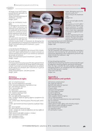 STP PHARMA PRATIQUES - volume 22 - N° 6 - novembre-décembre 2012 387
Rouging management strategy according to LD20-GMP (ICH Q9)Stratégie de gestion du rouging selon la LD20-BPF (ICH Q9)
de lavage, ce qui rend le dérou-
ging facilement réalisable à la
manière d’un NEP.
Tempsd’immobilisationpourle
traitement : 1 journée.
Budget : faible.
b)Cas des distillateurs multi-
effets
Le dérouging des distillateurs
multi-effets demande une
attention toute particulière. Il
est préférable de déconnecter
toutes les colonnes et de les
traiter séparément afin de pré-
server une vitesse de passage
suffisante.
Un autre point important est
la présence de silice dans les
colonnes les plus froides. Le traitement de dérouging sera
donc généralement accompagné d’un traitement anti-silice.
Temps d’immobilisation pour le traitement : 3 jours.
Budget : élevé.
c) Cas des boucles EPPI (figure 2)
En fonction de la configuration de la boucle EPPI, le traite-
ment EPPI s’opère habituellement en venant connecter un
skid de traitement fourni par le sous-traitant en aspiration
des pompes de la boucle.
Temps d’immobilisation pour le traitement : 1 journée.
Budget : moyen.
d)Cas des laveuses
Une laveuse pharmaceutique peut être dérougée facilement
en adaptant un programme de lavage dédié au dérouging.
Une fois l’automate correctement programmé, les produits
de dérouging sont introduits dans l’enceinte et le cycle de
nettoyage est lancé.
Temps d’immobilisation : une demi-journée.
Budget : faible.
Annexe 4
Abreviations et sigles
ACP : air comprimé process
EPPI : eau pour préparation injectable
EPPIV : eau pour préparation injectable en vrac
WFI : bulk water for injection
EPUV : eau purifiée vrac
VP : vapeur pure
GVP : générateur vapeur pure
COT : carbone organique total
ep : électro-polissage
ZAT : zone affectée thermiquement
EMA : European Medicine Agency (Agence européenne du
médicament)
USP : United States Pharmacopoeia (Pharmacopée améri-
caine)
ICP-MS :spectrométrie de masse à plasma couplé par induc-
tion
RAS : rien à signaler
IPR : indice de priorisation du risque
Amdec : analyse des modes de défaillance, de leurs effets et
de leur criticité
FMEA : failure mode effect analysis (= Amdec)
NPSH : net positive suction head
NEP : nettoyage en place
SEP  : stérilisation en place
makes derouging easy to im-
plement as for a CIP.
Down time for the treatment:
1 day.
Budget: low.
b) Case of multi-effect distilla-
tion units
Derouging of multi-effect
distillation units requires very
special attention. It is prefe-
rable todisconnect allcolumns
and to treat them separately
to maintain a sufficient trans-
fer speed.
Anotherimportant point is the
presence of silica in the coldest
columns.Therefore the derou-
ging treatment will usually be
accompanied by an anti-silica treatment.
Down time for the treatment: 3 days.
Budget: high.
c) Case of WFI loops (figure 2)
The WFI treatment will normally be done by connecting a
treatment skid provided by the subcontractor at inlet to
loop pumps,depending on the configuration of theWFI loop
Down time for the treatment: 1 day.
Budget: medium.
d) Case of washing machines
A pharmaceutical washing machine can be easily derouged
by adapting a washing program specially for derouging.
Once the logic controller has been properly programmed,
derouging products are introduced into the containment
and the cleaning cycle is started.
Down time: half a day.
Budget: low.
 
Appendix 4
Abbreviations and symbols
ACP: process compressed air
WFI: water for injection
Bulk WFI: bulk water for injection
EPUV: bulk pure water
VP: pure steam
GVP: pure steam generator
COT: total organic carbon
ep: electro-polishing
HAZ: heat affected zone
EMA: European Medicine Agency
USP: US Pharmacopoeia
ICP-MS: induction coupled plasma mass spectrometry
RAS: no comment
IPR: risk priority index
FMECA: failure modes, effects and criticality analysis
FMEA: failure modes and effects analysis
NPSH: net positive suction head
CIP: cleaning in place
SIP: sterilisation in place
Avec et sans derouging/With and without derouging.
 