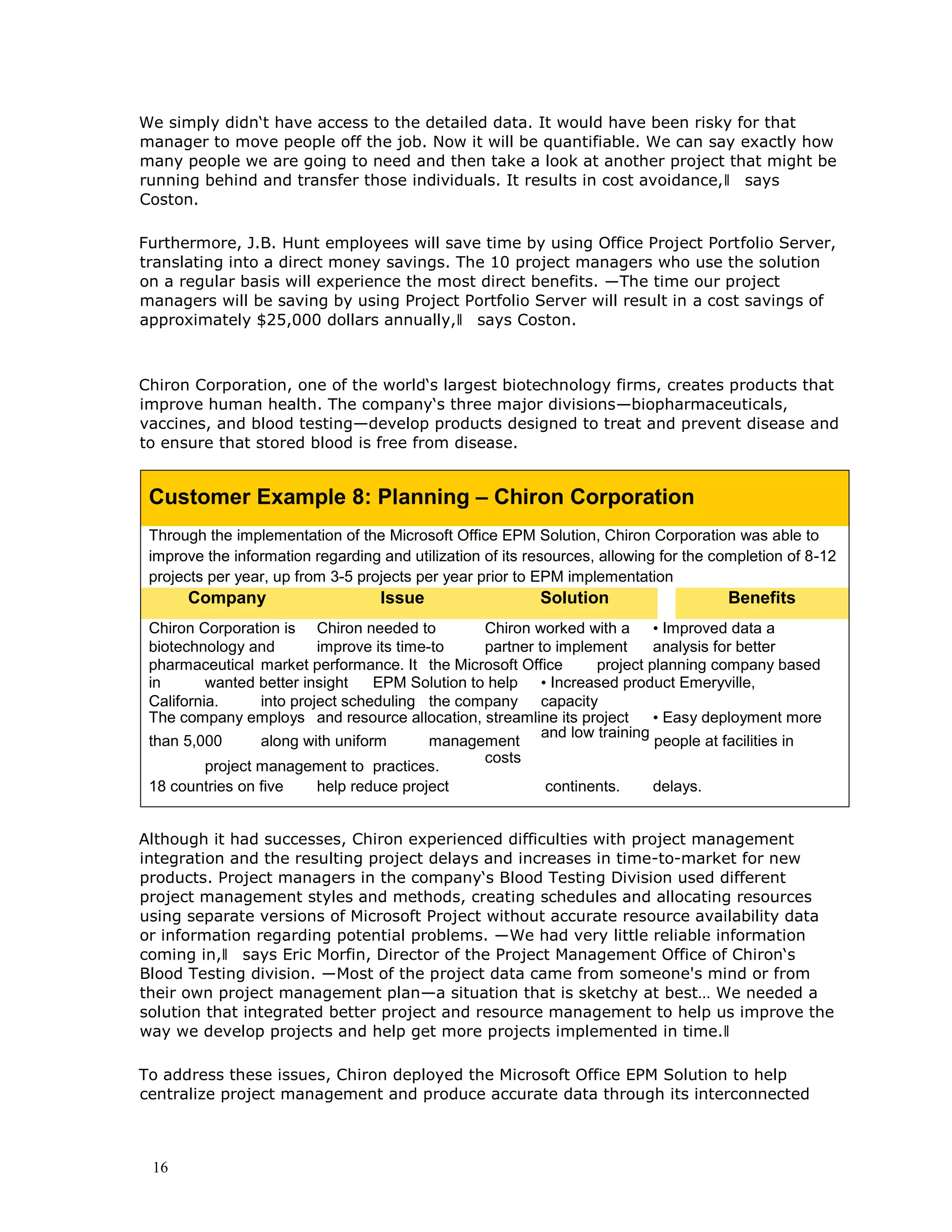 16
We simply didn‘t have access to the detailed data. It would have been risky for that
manager to move people off the job. Now it will be quantifiable. We can say exactly how
many people we are going to need and then take a look at another project that might be
running behind and transfer those individuals. It results in cost avoidance,‖ says
Coston.
Furthermore, J.B. Hunt employees will save time by using Office Project Portfolio Server,
translating into a direct money savings. The 10 project managers who use the solution
on a regular basis will experience the most direct benefits. ―The time our project
managers will be saving by using Project Portfolio Server will result in a cost savings of
approximately $25,000 dollars annually,‖ says Coston.
Chiron Corporation, one of the world‘s largest biotechnology firms, creates products that
improve human health. The company‘s three major divisions—biopharmaceuticals,
vaccines, and blood testing—develop products designed to treat and prevent disease and
to ensure that stored blood is free from disease.
Customer Example 8: Planning – Chiron Corporation
Through the implementation of the Microsoft Office EPM Solution, Chiron Corporation was able to
improve the information regarding and utilization of its resources, allowing for the completion of 8-12
projects per year, up from 3-5 projects per year prior to EPM implementation
Company Issue Solution Benefits
Chiron Corporation is Chiron needed to Chiron worked with a • Improved data a
biotechnology and improve its time-to partner to implement analysis for better
pharmaceutical market performance. It the Microsoft Office project planning company based
in wanted better insight EPM Solution to help • Increased product Emeryville,
California. into project scheduling the company capacity
The company employs and resource allocation, streamline its project • Easy deployment more
than 5,000 along with uniform management
and low training
people at facilities in
project management to practices.
costs
18 countries on five help reduce project continents. delays.
Although it had successes, Chiron experienced difficulties with project management
integration and the resulting project delays and increases in time-to-market for new
products. Project managers in the company‘s Blood Testing Division used different
project management styles and methods, creating schedules and allocating resources
using separate versions of Microsoft Project without accurate resource availability data
or information regarding potential problems. ―We had very little reliable information
coming in,‖ says Eric Morfin, Director of the Project Management Office of Chiron‘s
Blood Testing division. ―Most of the project data came from someone's mind or from
their own project management plan—a situation that is sketchy at best… We needed a
solution that integrated better project and resource management to help us improve the
way we develop projects and help get more projects implemented in time.‖
To address these issues, Chiron deployed the Microsoft Office EPM Solution to help
centralize project management and produce accurate data through its interconnected
 