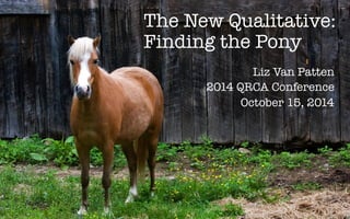 The New Qualitative: !
Finding the Pony
Liz Van Patten
2014 QRCA Conference
October 15, 2014

 