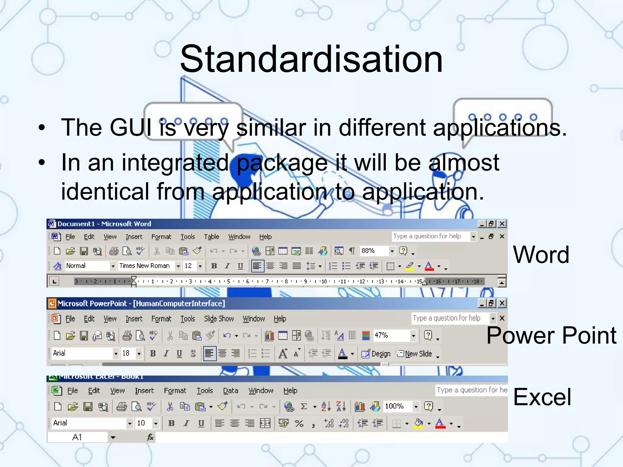 Standardisation
• The GUI is very similar in different applications.
• In an integrated package it will be almost
identical from application to application.
Word
Power Point
Excel
 