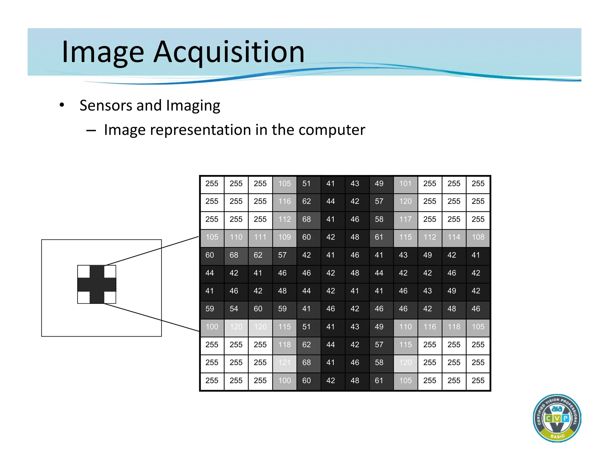 Image Acquisition
• Sensors and Imaging
– Image representation in the computer
255 255 255 105 51 41 43 49 101 255 255 255
255 255 255 116 62 44 42 57 120 255 255 255
255 255 255 112 68 41 46 58 117 255 255 255
105 110 111 109 60 42 48 61 115 112 114 108
60 68 62 57 42 41 46 41 43 49 42 41
44 42 41 46 46 42 48 44 42 42 46 42
41 46 42 48 44 42 41 41 46 43 49 42
59 54 60 59 41 46 42 46 46 42 48 46
100 120 120 115 51 41 43 49 110 116 118 105
255 255 255 118 62 44 42 57 115 255 255 255
255 255 255 121 68 41 46 58 120 255 255 255
255 255 255 100 60 42 48 61 105 255 255 255
 