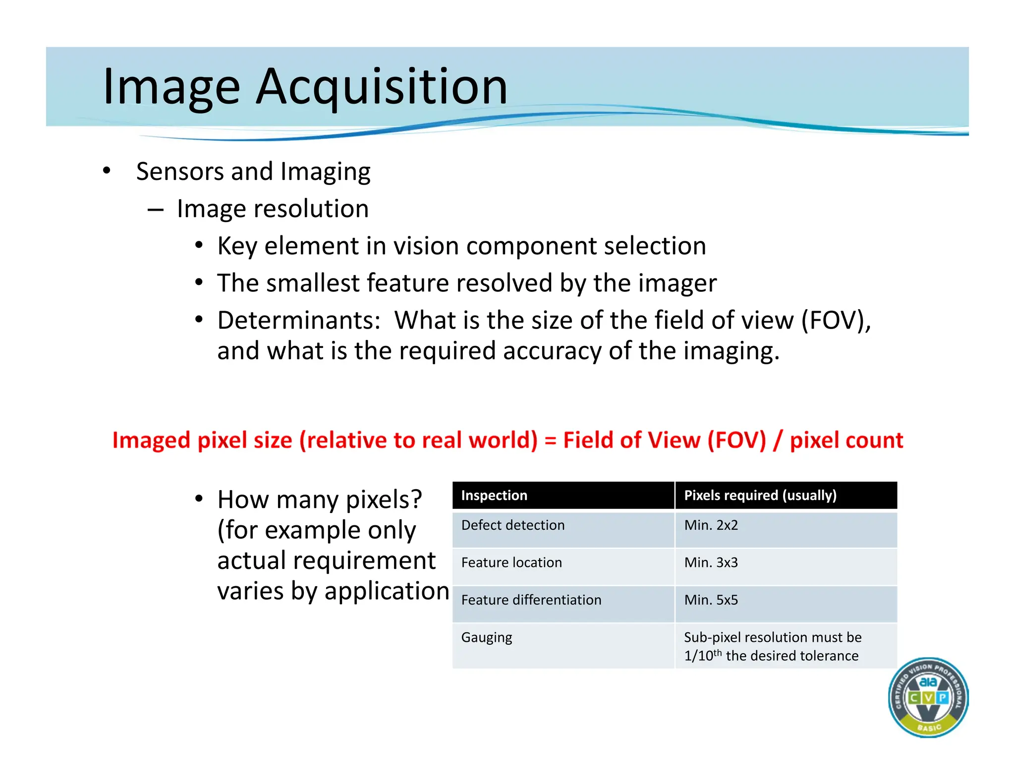 Image Acquisition
• Sensors and Imaging
– Image resolution
• Key element in vision component selection
• The smallest feature resolved by the imager
• Determinants: What is the size of the field of view (FOV),
and what is the required accuracy of the imaging.
• How many pixels?
(for example only
actual requirement
varies by application)
Inspection Pixels required (usually)
Defect detection Min. 2x2
Feature location Min. 3x3
Feature differentiation Min. 5x5
Gauging Sub‐pixel resolution must be
1/10th the desired tolerance
 