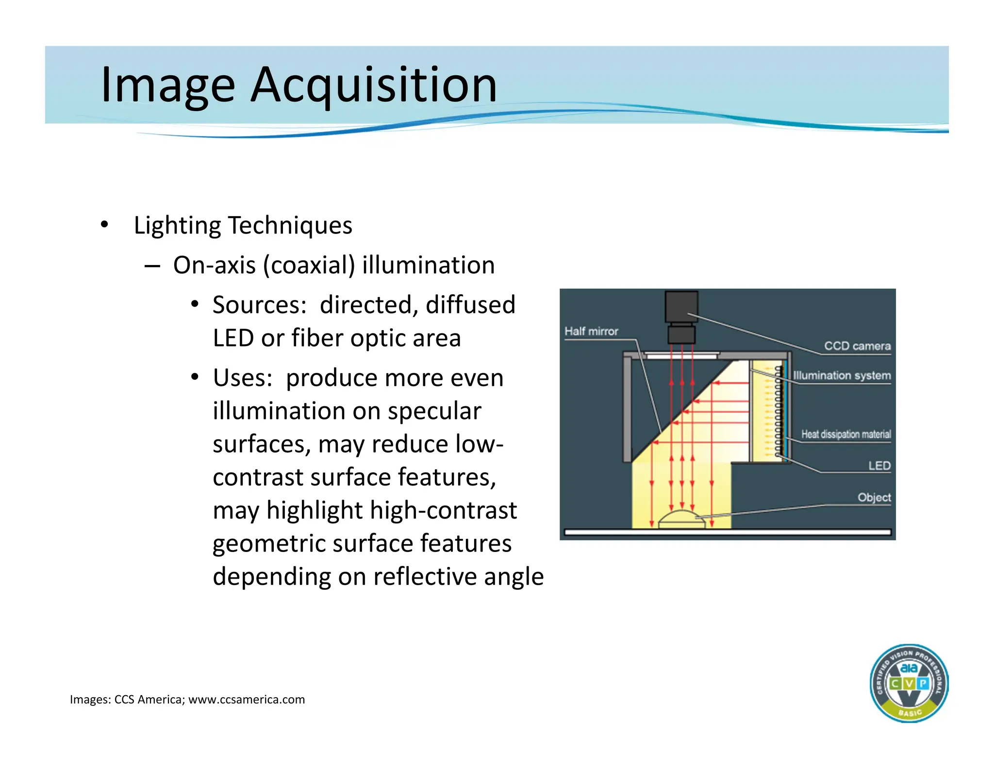 Image Acquisition
• Lighting Techniques
– On‐axis (coaxial) illumination
• Sources: directed, diffused
LED or fiber optic area
• Uses: produce more even
illumination on specular
surfaces, may reduce low‐
contrast surface features,
may highlight high‐contrast
geometric surface features
depending on reflective angle
Images: CCS America; www.ccsamerica.com
 