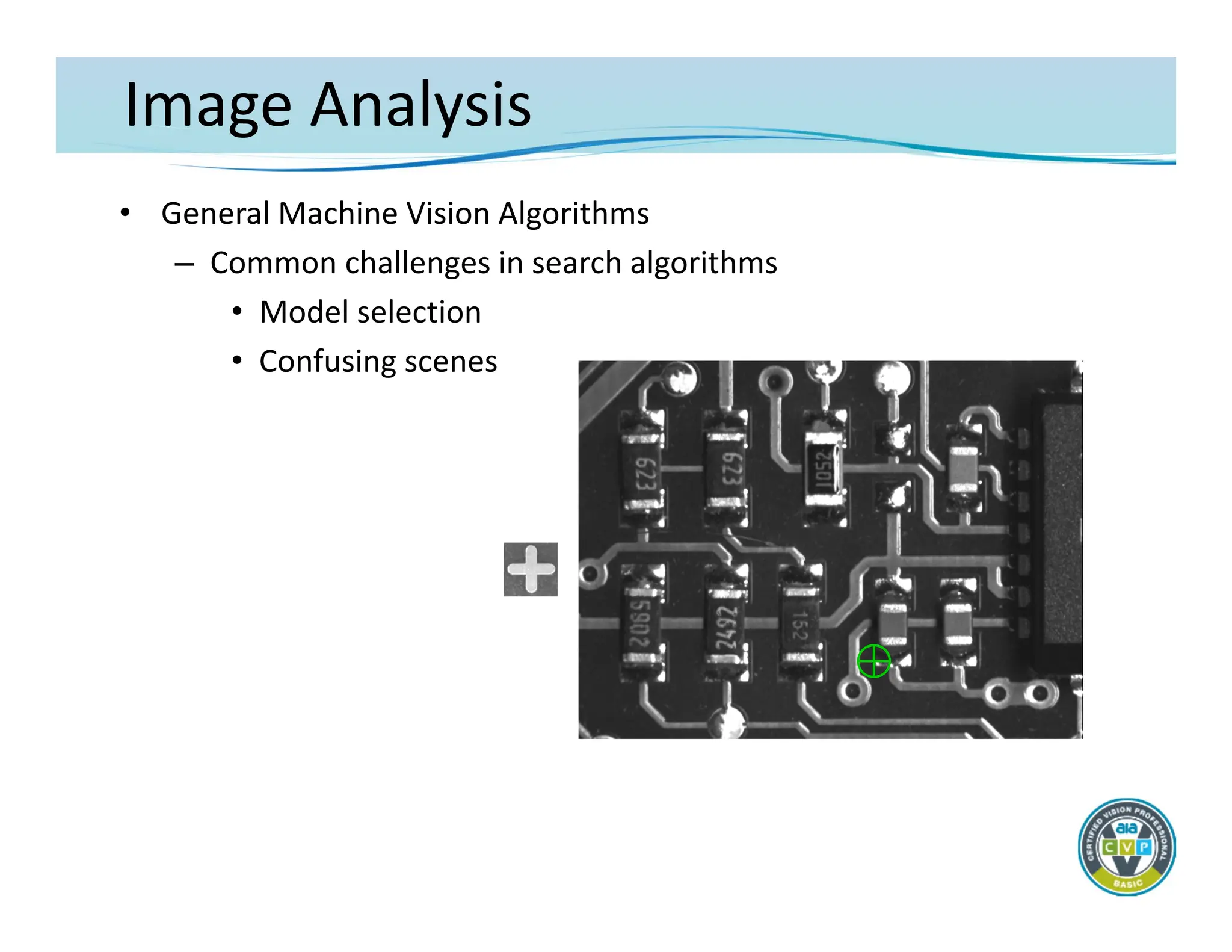 Image Analysis
• General Machine Vision Algorithms
– Common challenges in search algorithms
• Model selection
• Confusing scenes
 