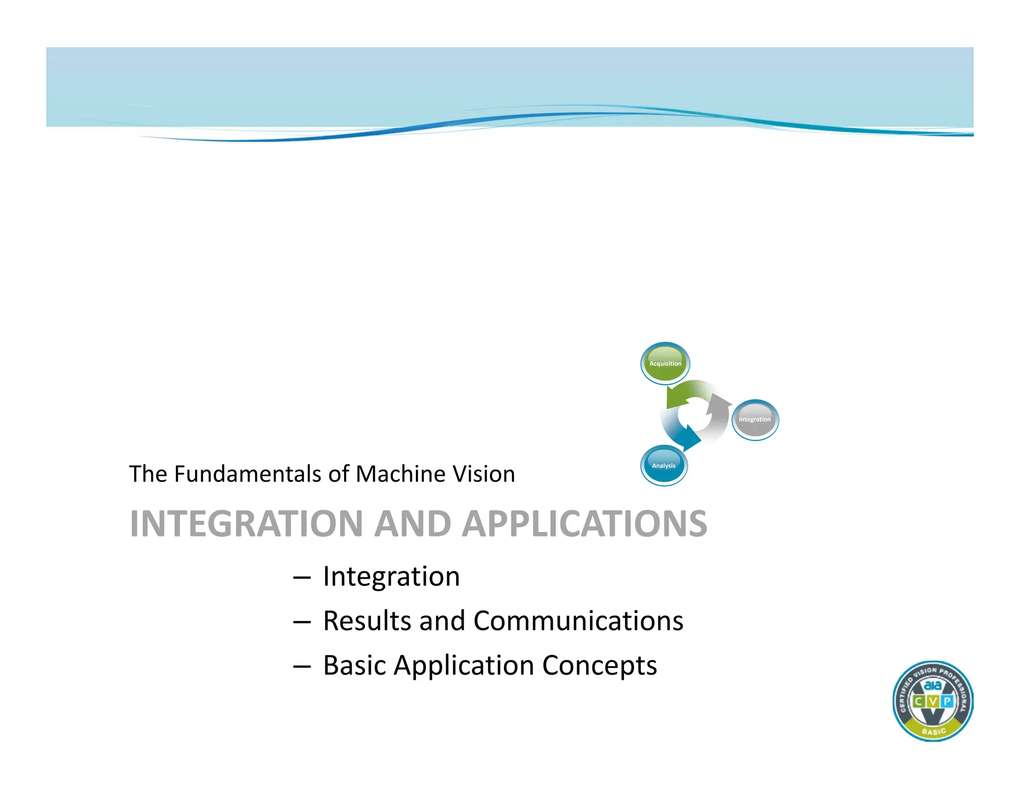 INTEGRATION AND APPLICATIONS
The Fundamentals of Machine Vision
– Integration
– Results and Communications
– Basic Application Concepts
Acquisition
Analysis
Integration
 
