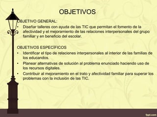 OBJETIVOS
OBJETIVO GENERAL:
• Diseñar talleres con ayuda de las TIC que permitan el fomento de la
afectividad y el mejoramiento de las relaciones interpersonales del grupo
familiar y en beneficio del escolar.
OBJETIVOS ESPECÍFICOS
• Identificar el tipo de relaciones interpersonales al interior de las familias de
los educandos.
• Planear alternativas de solución al problema enunciado haciendo uso de
los recursos digitales.
• Contribuir al mejoramiento en el trato y afectividad familiar para superar los
problemas con la inclusión de las TIC.
 