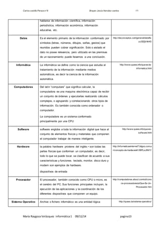 Carlos castillo Peraza n°8 Brayan Jesús Narváez santos 1°I 
hablarse de información científica, información 
periodística, información económica, información 
educativa, etc. 
Datos Es el elemento primario de la información conformado por 
símbolos (letras, números, dibujos, señas, gestos) que 
reunidos pueden cobrar significación. Solo o aislado el 
dato no posee relevancia, pero utilizado en las premisas 
de un razonamiento puede llevarnos a una conclusión. 
http://deconceptos.com/general/dato#ix 
María Raygoza Velázquez informática 1 09/11/14 pagina13 
zz3D2jVIAK5 
Informática La informática se define como la ciencia que estudia el 
tratamiento de la información mediante medios 
automáticos, es decir la ciencia de la información 
automática. 
http://www.quees.info/que-es-la-informatica. 
html 
Computadoras Del latín “computare” que significa calcular, la 
computadora es una maquina electrónica capaz de recibir 
un conjunto de órdenes y ejecutarlas realizando cálculos 
complejos, o agrupando y correlacionando otros tipos de 
información. Es también conocida como ordenador o 
computador. 
La computadora es un sistema conformado 
principalmente por una CPU 
Software software engloba a toda la información digital que hace al 
conjunto de elementos físicos y materiales que componen 
el computador trabajar de manera inteligente. 
http://www.quees.info/que-es-sof 
tware.html 
Hardware la palabra hardware proviene del inglés.• son todas las 
partes físicas que conforman un computador, es decir, 
todo lo que se puede tocar. se clasifican de acuerdo a sus 
características y funciones. teclado, monitor, disco duro y 
modem son ejemplos de hardware. 
dispositivos de entrada 
http://informaticaeinternet7.bligoo.com.a 
r/concepto-de-hardware#.VBITLsJ5N1Y 
Procesador El procesador, también conocido como CPU o micro, es 
el cerebro del PC. Sus funciones principales incluyen, la 
ejecución de las aplicaciones y la coordinación de los 
diferentes dispositivos que componen un equipo. 
http://computadoras.about.com/od/cono 
ce-procesadores/a/Que-Es-Un- 
Procesador.htm 
Sistema Operativo Archivo o fichero informático es una entidad lógica http://quees.la/sistema-operativo/ 
 