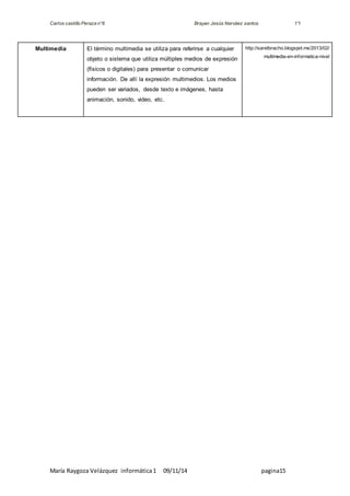 Carlos castillo Peraza n°8 Brayan Jesús Narváez santos 1°I 
Multimedia El término multimedia se utiliza para referirse a cualquier 
objeto o sistema que utiliza múltiples medios de expresión 
(físicos o digitales) para presentar o comunicar 
información. De allí la expresión multimedios. Los medios 
pueden ser variados, desde texto e imágenes, hasta 
animación, sonido, video, etc. 
http://saretbracho.blogspot.mx/2013/02/ 
multimedia-en-informatica-nivel 
María Raygoza Velázquez informática 1 09/11/14 pagina15 
 