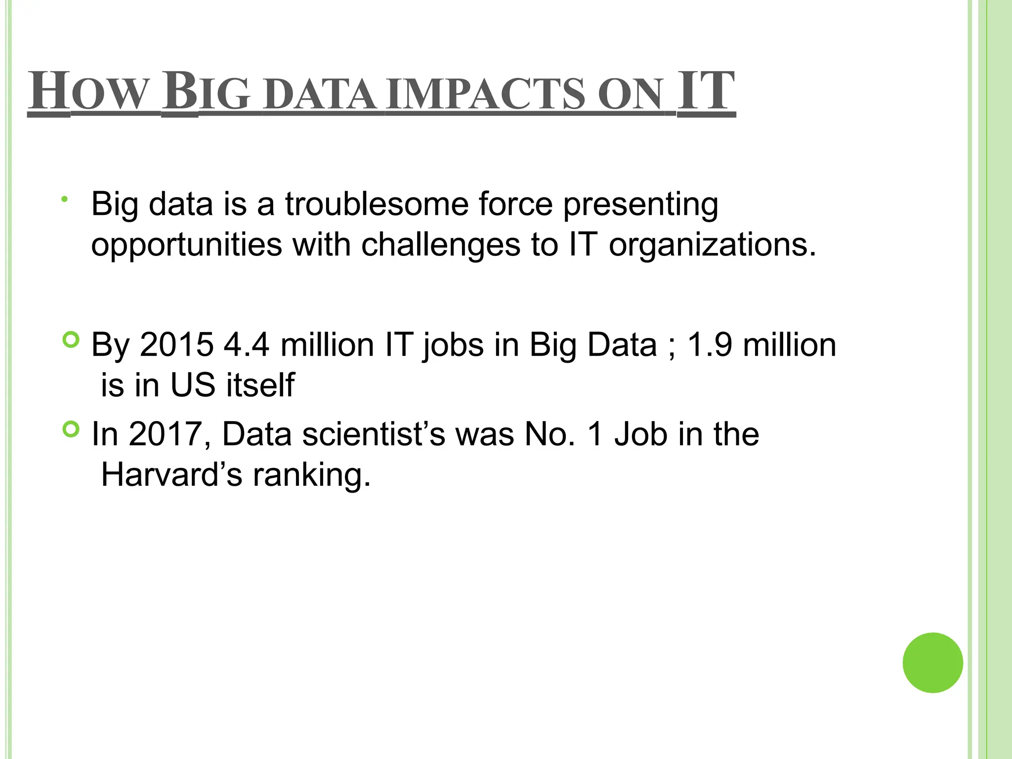 HOW BIG DATA IMPACTS ON IT
• Big data is a troublesome force presenting
opportunities with challenges to IT organizations.
 By 2015 4.4 million IT jobs in Big Data ; 1.9 million
is in US itself
 In 2017, Data scientist’s was No. 1 Job in the
Harvard’s ranking.
 