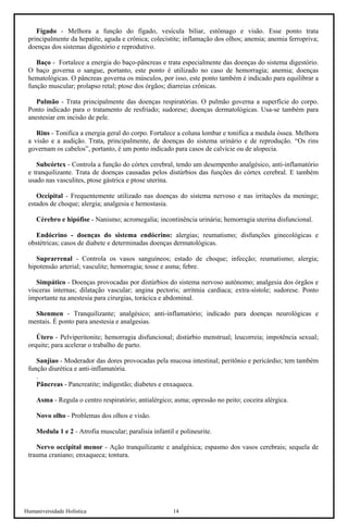 Humaniversidade Holística 14 
Fígado - Melhora a função do fígado, vesícula biliar, estômago e visão. Esse ponto trata principalmente da hepatite, aguda e crônica; colecistite; inflamação dos olhos; anemia; anemia ferropriva; doenças dos sistemas digestório e reprodutivo. 
Baço - Fortalece a energia do baço-pâncreas e trata especialmente das doenças do sistema digestório. O baço governa o sangue, portanto, este ponto é utilizado no caso de hemorragia; anemia; doenças hematológicas. O pâncreas governa os músculos, por isso, este ponto também é indicado para equilibrar a função muscular; prolapso retal; ptose dos órgãos; diarreias crônicas. 
Pulmão - Trata principalmente das doenças respiratórias. O pulmão governa a superfície do corpo. Ponto indicado para o tratamento de resfriado; sudorese; doenças dermatológicas. Usa-se também para anestesiar em incisão de pele. 
Rins - Tonifica a energia geral do corpo. Fortalece a coluna lombar e tonifica a medula óssea. Melhora a visão e a audição. Trata, principalmente, de doenças do sistema urinário e de reprodução. “Os rins governam os cabelos”, portanto, é um ponto indicado para casos de calvície ou de alopecia. 
Subcórtex - Controla a função do córtex cerebral, tendo um desempenho analgésico, anti-inflamatório e tranquilizante. Trata de doenças causadas pelos distúrbios das funções do córtex cerebral. E também usado nas vasculites, ptose gástrica e ptose uterina. 
Occipital - Frequentemente utilizado nas doenças do sistema nervoso e nas irritações da meninge; estados de choque; alergia; analgesia e hemostasia. 
Cérebro e hipófise - Nanismo; acromegalia; incontinência urinária; hemorragia uterina disfuncional. 
Endócrino - doenças do sistema endócrino: alergias; reumatismo; disfunções ginecológicas e obstétricas; casos de diabete e determinadas doenças dermatológicas. 
Suprarrenal - Controla os vasos sanguíneos; estado de choque; infecção; reumatismo; alergia; hipotensão arterial; vasculite; hemorragia; tosse e asma; febre. 
Simpático - Doenças provocadas por distúrbios do sistema nervoso autônomo; analgesia dos órgãos e vísceras internas; dilatação vascular; angina pectoris; arritmia cardíaca; extra-sístole; sudorese. Ponto importante na anestesia para cirurgias, torácica e abdominal. 
Shenmen - Tranquilizante; analgésico; anti-inflamatório; indicado para doenças neurológicas e mentais. É ponto para anestesia e analgesias. 
Útero - Pelviperitonite; hemorragia disfuncional; distúrbio menstrual; leucorreia; impotência sexual; orquite; para acelerar o trabalho de parto. 
Sanjiao - Moderador das dores provocadas pela mucosa intestinal; peritônio e pericárdio; tem também função diurética e anti-inflamatória. 
. 
Pâncreas - Pancreatite; indigestão; diabetes e enxaqueca. 
Asma - Regula o centro respiratório; antialérgico; asma; opressão no peito; coceira alérgica. 
Novo olho - Problemas dos olhos e visão. 
Medula 1 e 2 - Atrofia muscular; paralisia infantil e polineurite. 
Nervo occipital menor - Ação tranquilizante e analgésica; espasmo dos vasos cerebrais; sequela de trauma craniano; enxaqueca; tontura.  