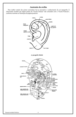 Humaniversidade Holística 4 
Anatomia da orelha 
Para melhor estudo dos pontos auriculares faz-se necessário o conhecimento de sai topografia. É interessante ressaltar que alguns pontos da “Escola Chinesa” não coincidem com a “Escola Francesa”, conforme mostram as ilustrações da página posterior.  