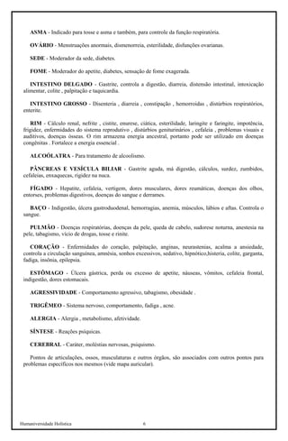 Humaniversidade Holística 6 
ASMA - Indicado para tosse e asma e também, para controle da função respiratória. 
OVÁRIO - Menstruações anormais, dismenorreia, esterilidade, disfunções ovarianas. 
SEDE - Moderador da sede, diabetes. 
FOME - Moderador do apetite, diabetes, sensação de fome exagerada. 
INTESTINO DELGADO - Gastrite, controla a digestão, diarreia, distensão intestinal, intoxicação alimentar, colite , palpitação e taquicardia. 
INTESTINO GROSSO - Disenteria , diarreia , constipação , hemorroidas , distúrbios respiratórios, enterite. 
RIM - Cálculo renal, nefrite , cistite, enurese, ciática, esterilidade, laringite e faringite, impotência, frigidez, enfermidades do sistema reprodutivo , distúrbios geniturinários , cefaleia , problemas visuais e auditivos, doenças ósseas. O rim armazena energia ancestral, portanto pode ser utilizado em doenças congênitas . Fortalece a energia essencial . 
ALCOÓLATRA - Para tratamento de alcoolismo. 
PÂNCREAS E VESÍCULA BILIAR - Gastrite aguda, má digestão, cálculos, surdez, zumbidos, cefaleias, enxaquecas, rigidez na nuca. 
FÍGADO - Hepatite, cefaleia, vertigem, dores musculares, dores reumáticas, doenças dos olhos, entorses, problemas digestivos, doenças do sangue e derrames. 
BAÇO - Indigestão, úlcera gastroduodenal, hemorragias, anemia, músculos, lábios e aftas. Controla o sangue. 
PULMÃO - Doenças respiratórias, doenças da pele, queda de cabelo, sudorese noturna, anestesia na pele, tabagismo, vício de drogas, tosse e rinite. 
CORAÇÃO - Enfermidades do coração, palpitação, anginas, neurastenias, acalma a ansiedade, controla a circulação sanguínea, amnésia, sonhos excessivos, sedativo, hipnótico,histeria, colite, garganta, fadiga, insônia, epilepsia. 
ESTÔMAGO - Úlcera gástrica, perda ou excesso de apetite, náuseas, vômitos, cefaleia frontal, indigestão, dores estomacais. 
AGRESSIVIDADE - Comportamento agressivo, tabagismo, obesidade . 
TRIGÊMEO - Sistema nervoso, comportamento, fadiga , acne. 
ALERGIA - Alergia , metabolismo, afetividade. 
SÍNTESE - Reações psíquicas. 
CEREBRAL - Caráter, moléstias nervosas, psiquismo. 
Pontos de articulações, ossos, musculaturas e outros órgãos, são associados com outros pontos para problemas específicos nos mesmos (vide mapa auricular).  