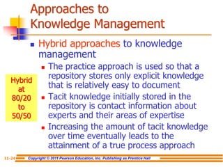 Copyright © 2011 Pearson Education, Inc. Publishing as Prentice Hall
11-24
Approaches to
Knowledge Management
 Hybrid approaches to knowledge
management
 The practice approach is used so that a
repository stores only explicit knowledge
that is relatively easy to document
 Tacit knowledge initially stored in the
repository is contact information about
experts and their areas of expertise
 Increasing the amount of tacit knowledge
over time eventually leads to the
attainment of a true process approach
Hybrid
at
80/20
to
50/50
 