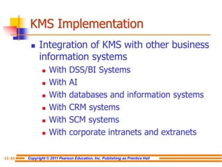 Copyright © 2011 Pearson Education, Inc. Publishing as Prentice Hall
11-41
KMS Implementation
 Integration of KMS with other business
information systems
 With DSS/BI Systems
 With AI
 With databases and information systems
 With CRM systems
 With SCM systems
 With corporate intranets and extranets
 